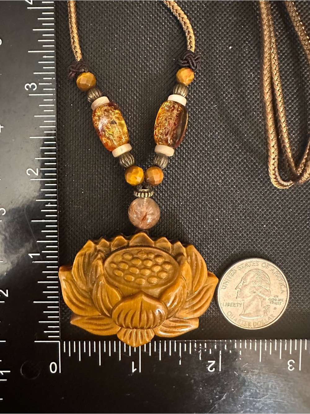 Tiger’s Eye Lotus Pendant Necklace with Golden Rutile and Amber on Rope - Picture 16 of 16